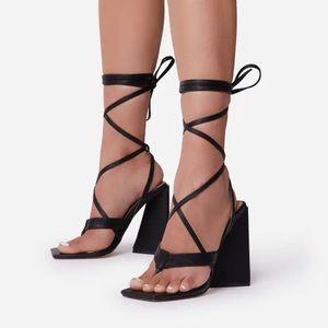 EGO OFFICIAL Salma Strappy Lace up Square Toe Sculptured Flared Block Heel